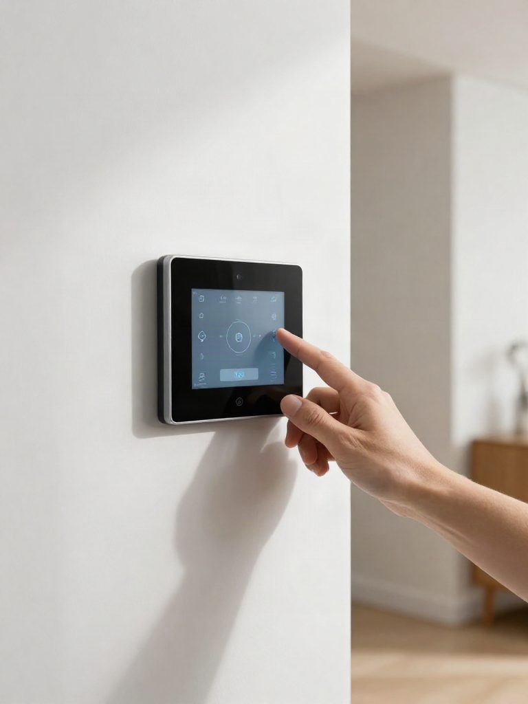 Hand som styr belysning och el via smart vägg-panel