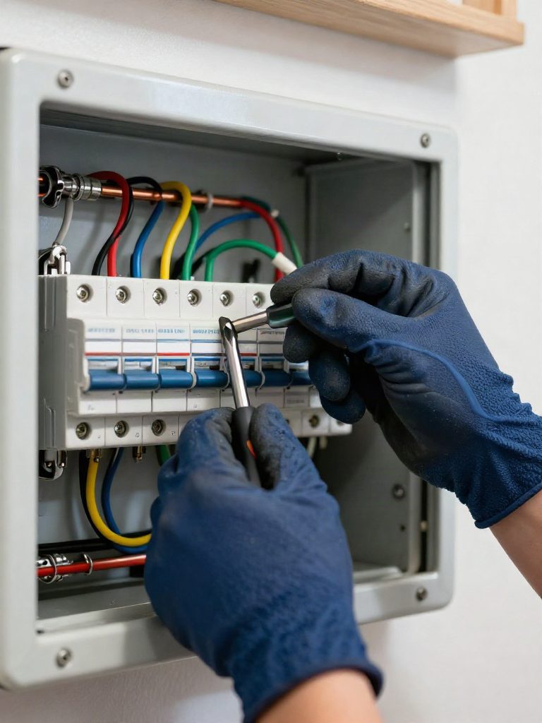 Elektriker arbetar noggrant i en öppen elcentral med färgkodade kablar