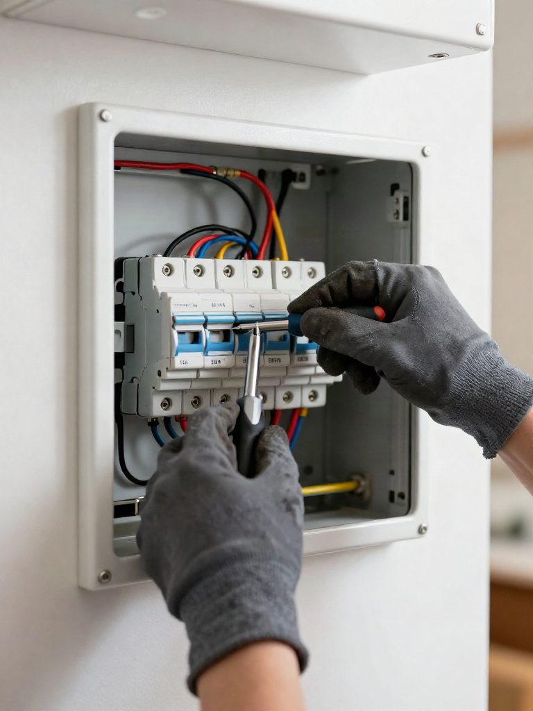 Elektriker arbetar med automatsäkringar i en elcentral